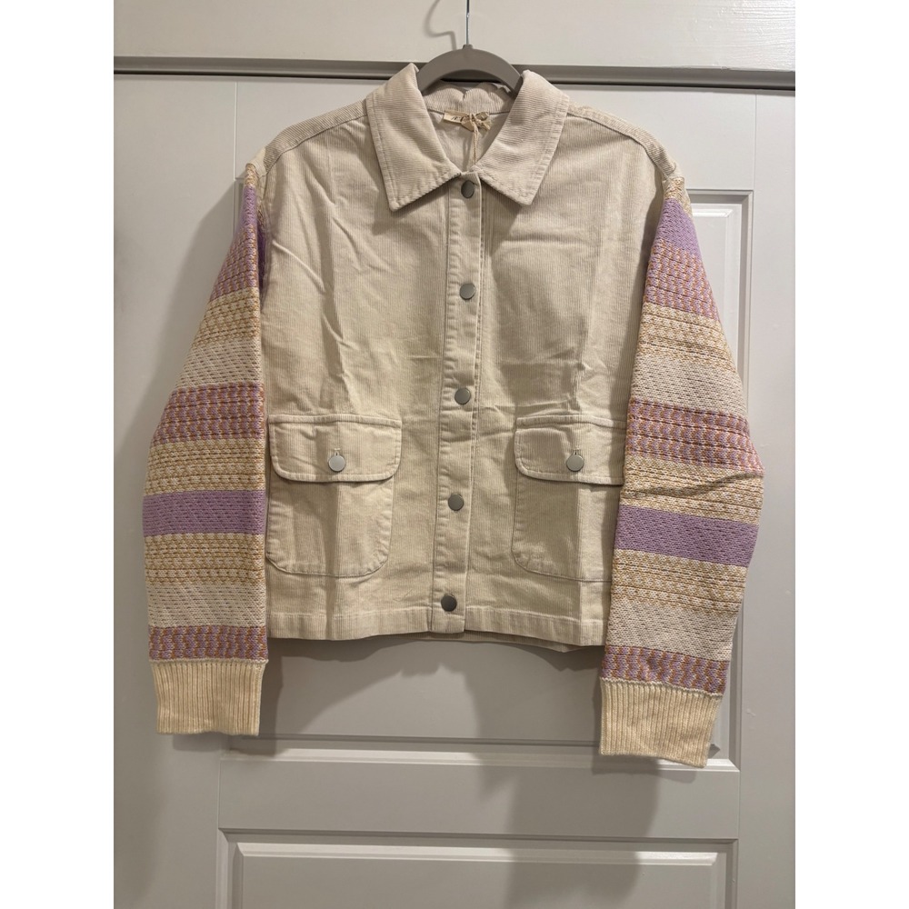Mystree Womens Corduroy Knit Sleeve Jacket Cream Lavender Stripe Boho S NEW